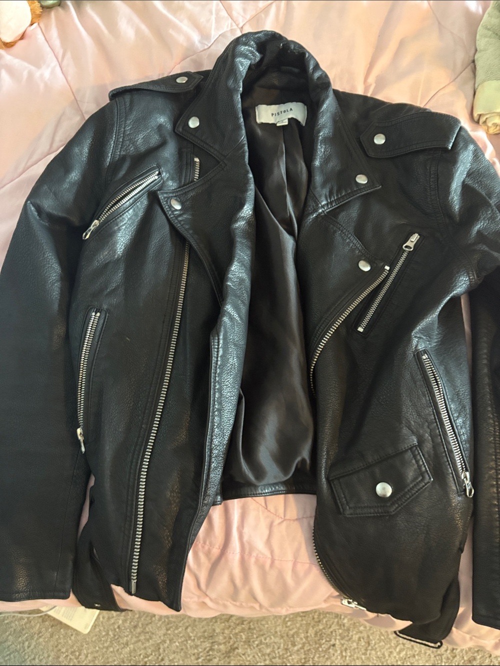 Pistola Black Faux Leather Oversized Jacket with Silver Hardware